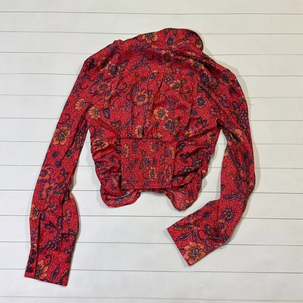 Free people womens XS I got you printed floral top polyester blouse in ruby red